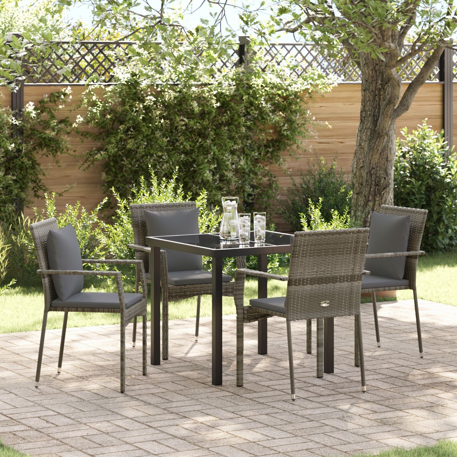 5-Delige Tuin Eetset Met Kussens Grijs Poly Riet