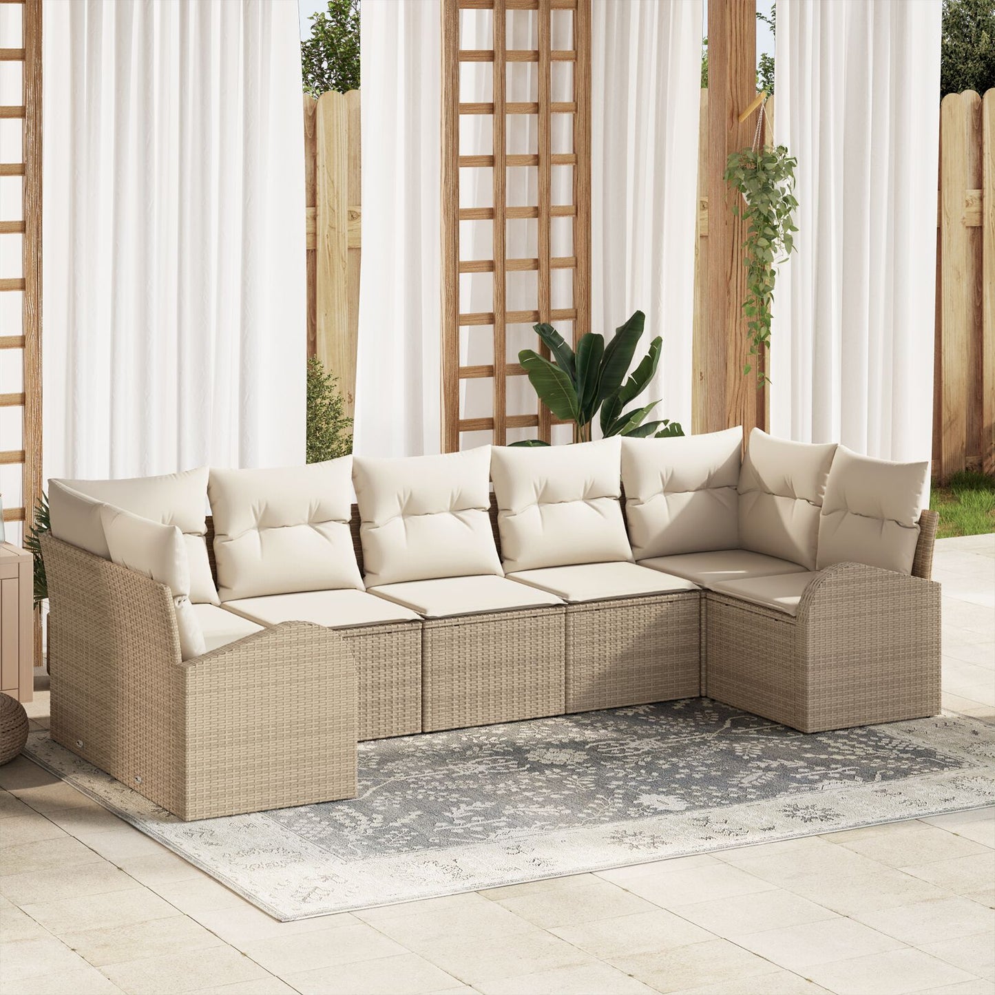 7-Delige Tuinbankset Met Kussens Beige Poly Rattan