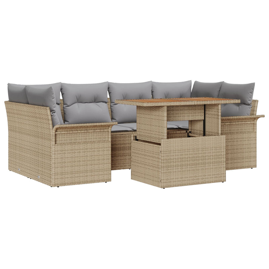 7-Delige Tuinbankset Met Kussens Beige Poly Riet Acacia