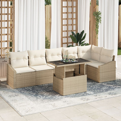 Tuin Sofa Set Set Van 7 Beige Riet, Polyester, Schuim
