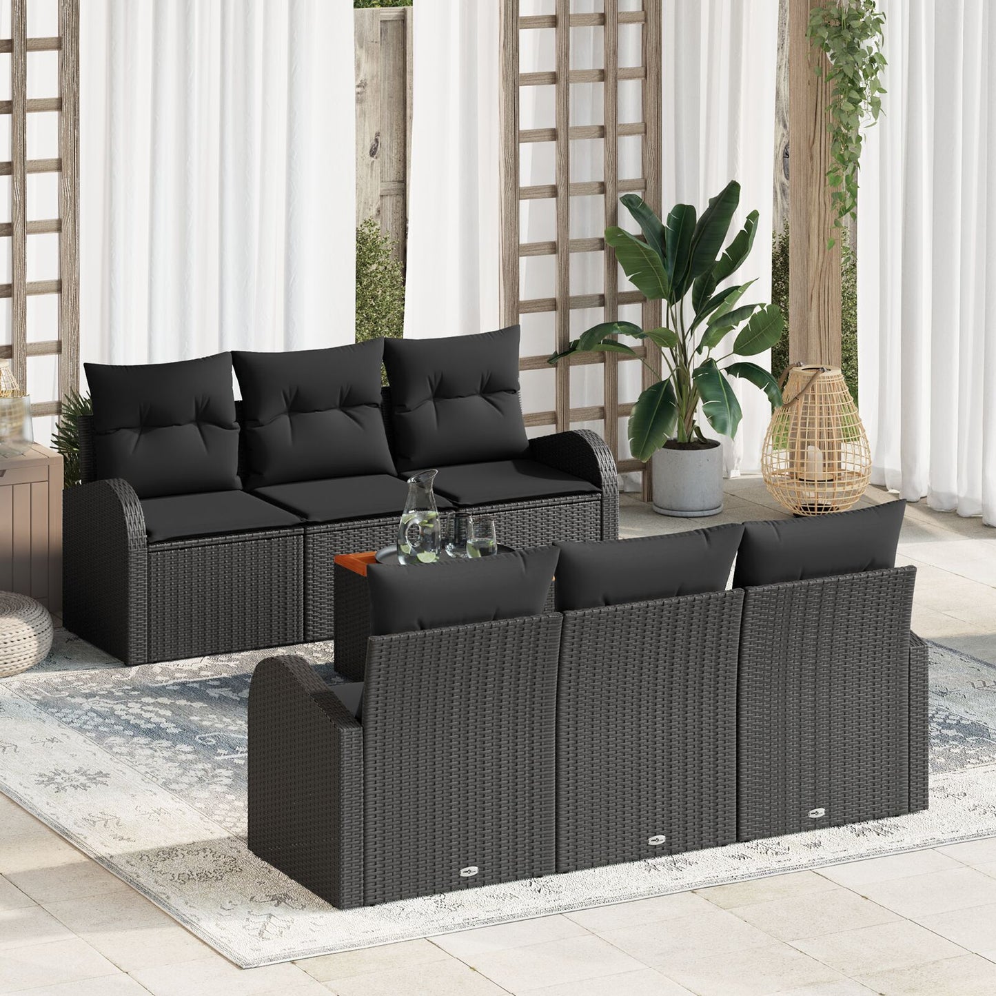 7 Delige Tuin Sofa Set Met Kussens Zwart Poly Rattan Acacia