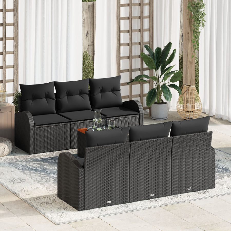 7 Delige Tuin Sofa Set Met Kussens Zwart Poly Rattan Acacia