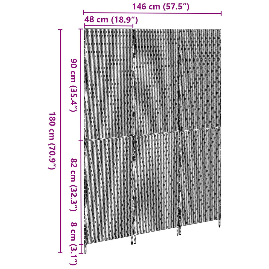 Kamerscherm Opvouwbaar 146X Poly Rattan 180 cm Zwart 3 panelen