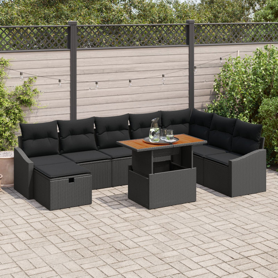 9-Delige Tuin Sofa Set Met Kussens Zwart Poly Rattan