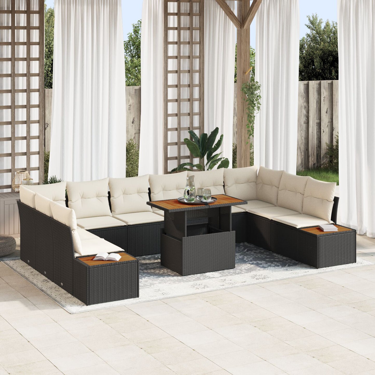11-Delige Tuinset Met Kussens Zwart Poly Rattan Acacia