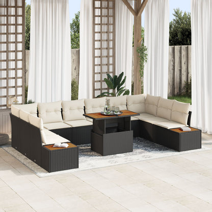 11-Delige Tuinset Met Kussens Zwart Poly Rattan Acacia