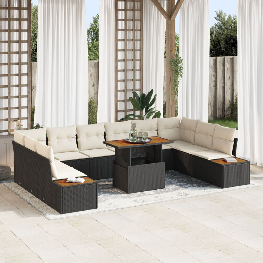 11-Delige Tuinset Met Kussens Zwart Poly Rattan Acacia