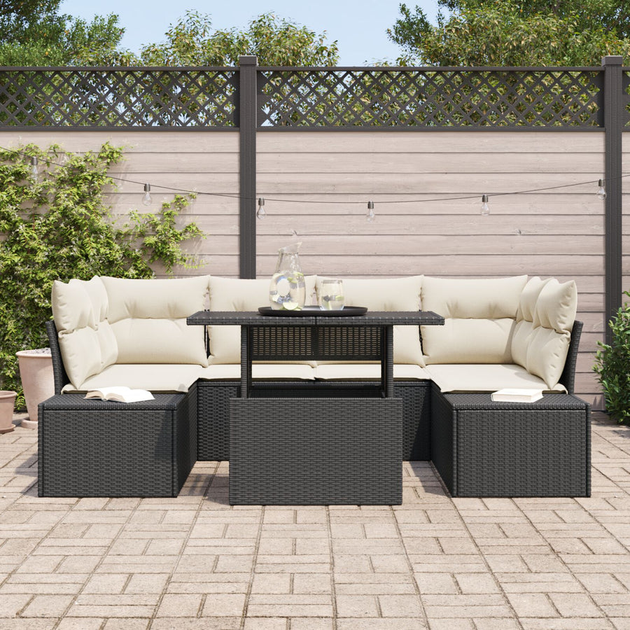 7-Delige Tuin Sofa Set Met Kussens Zwart Poly Rattan