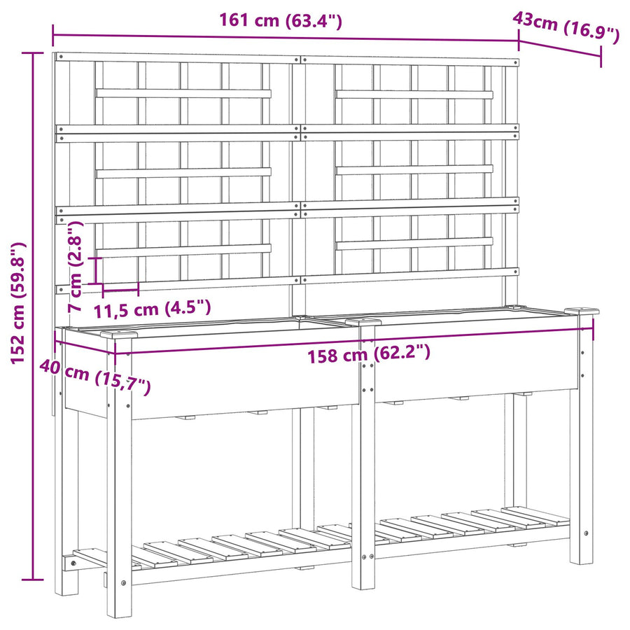 Tuinbak Met Trellis En Plank 161X43X152 Cm Massief Grenenhout 161 x 46 x 152.5 cm