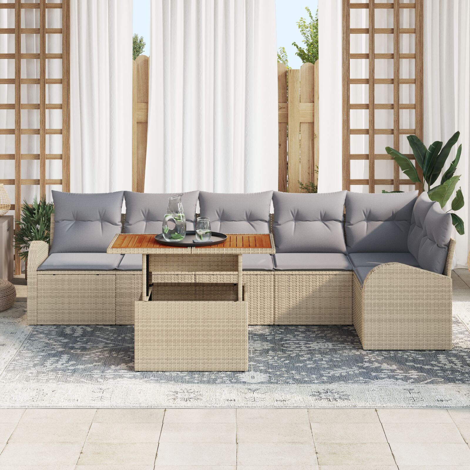 7-Delige Tuin Eetset Met Kussens Beige Poly Rattan Acacia