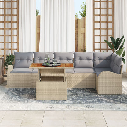 7-Delige Tuin Eetset Met Kussens Beige Poly Rattan Acacia