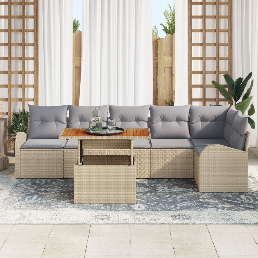 7-Delige Tuin Eetset Met Kussens Beige Poly Rattan Acacia
