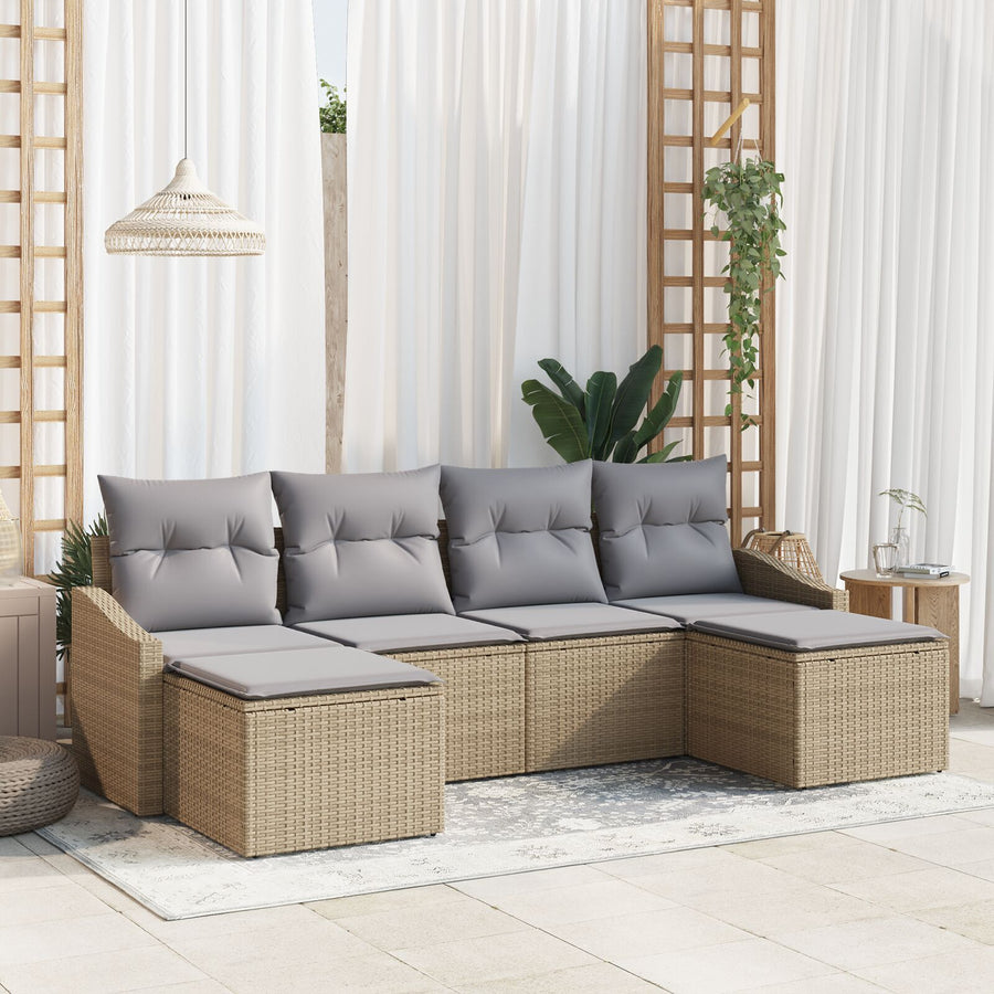 6-Delige Tuindiningset Met Kussens Beige Poly Rattan