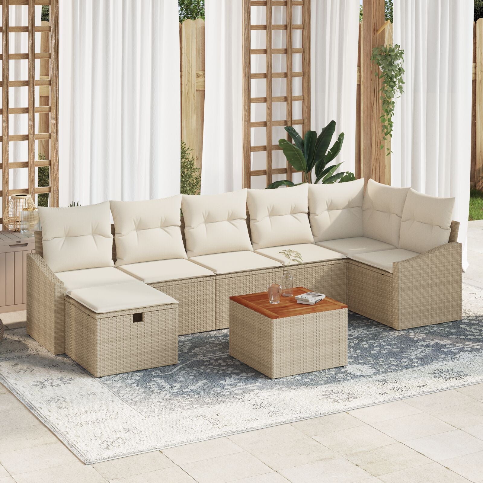 8-Delige Tuinbankset Met Kussens Beige Poly Rattan