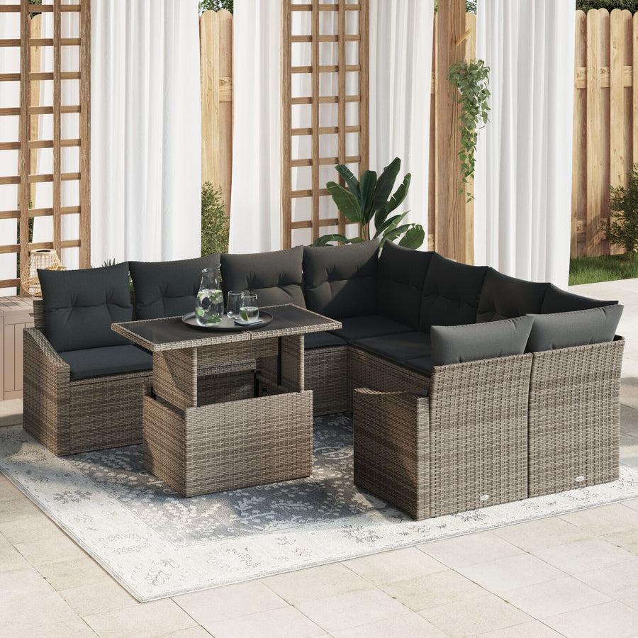 9 Delige Tuin Sofa Set Met Kussens Grijs Poly Rattan
