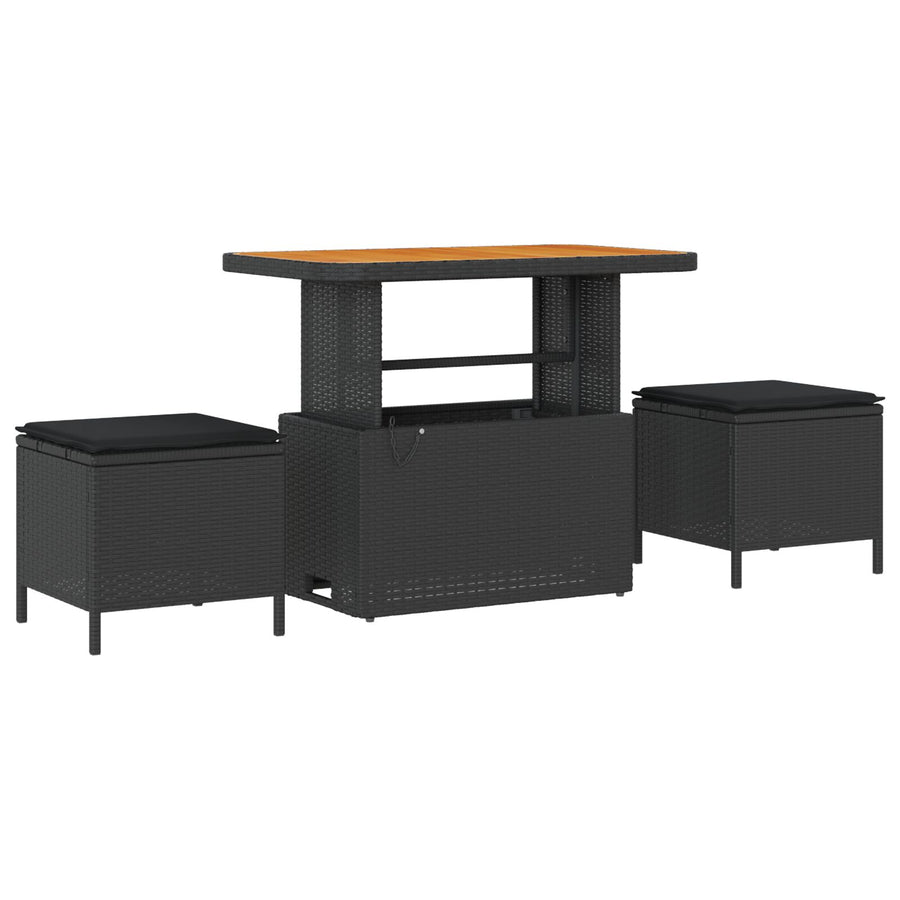 3-Delige Tuin Dineerset Met Kussens Poly Rattan Acaciahout 90 cm Zwart 2 stools
