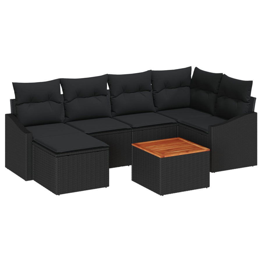 7-Delig Tuinbankstel Met Kussens Zwart Poly Rattan Acacia