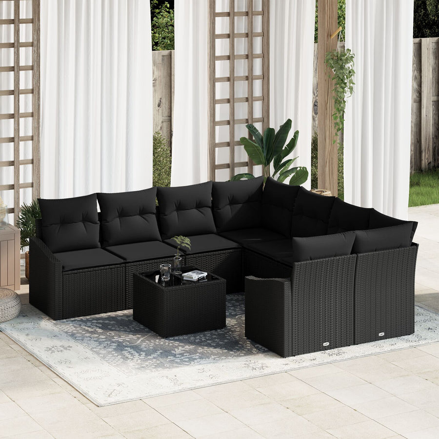 Tuinbank Set Set Van 9 Zwart Rattan, Polyester Kussens Gegalvaniseerd Staal