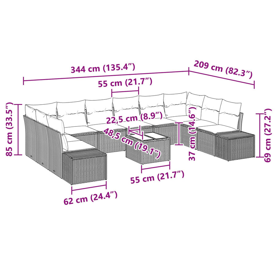 11-Delige Tuinsofa Set Met Kussens Beige Poly Rattan Zwart met tafel