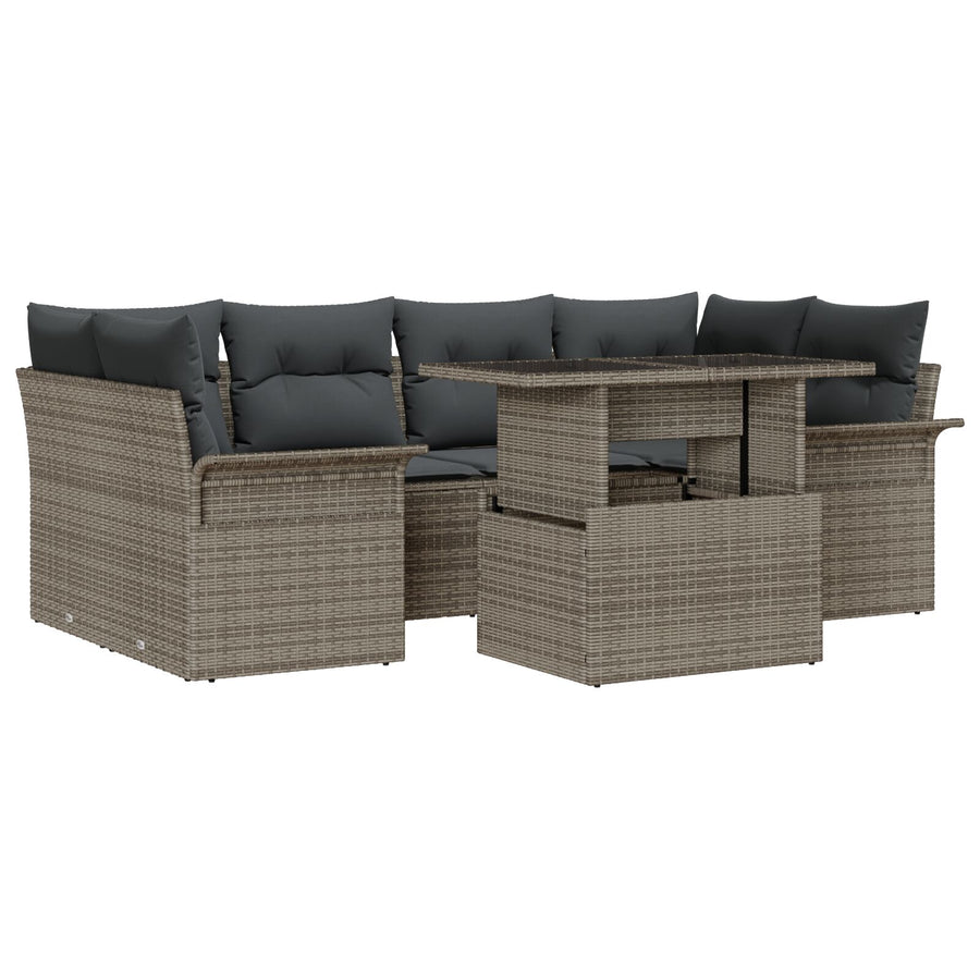 7-Delige Tuin Sofaset Met Kussens Grijs Poly Rattan