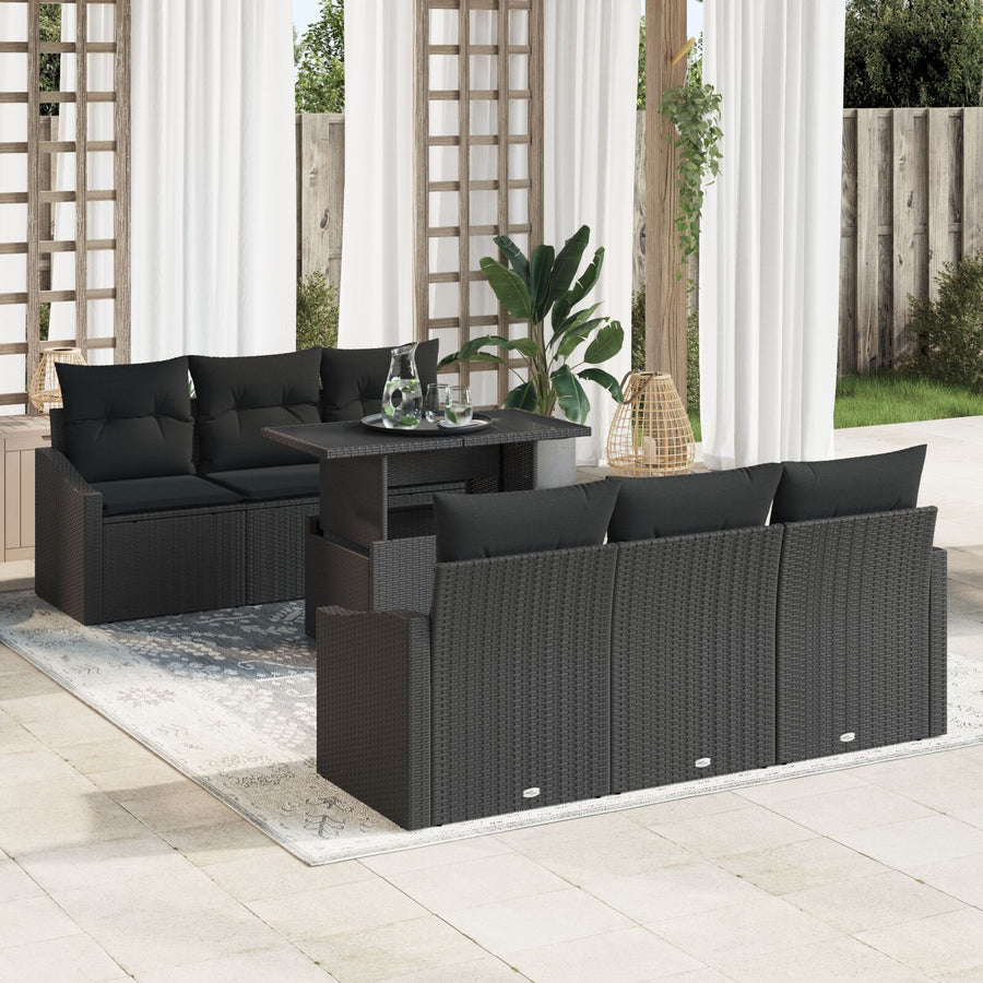 7-Delige Tuinset Met Kussens Zwart Poly Rattan