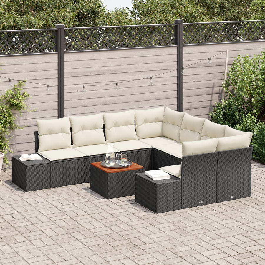 9-Delige Tuinbankset Met Kussens Zwart Poly Rattan Acacia