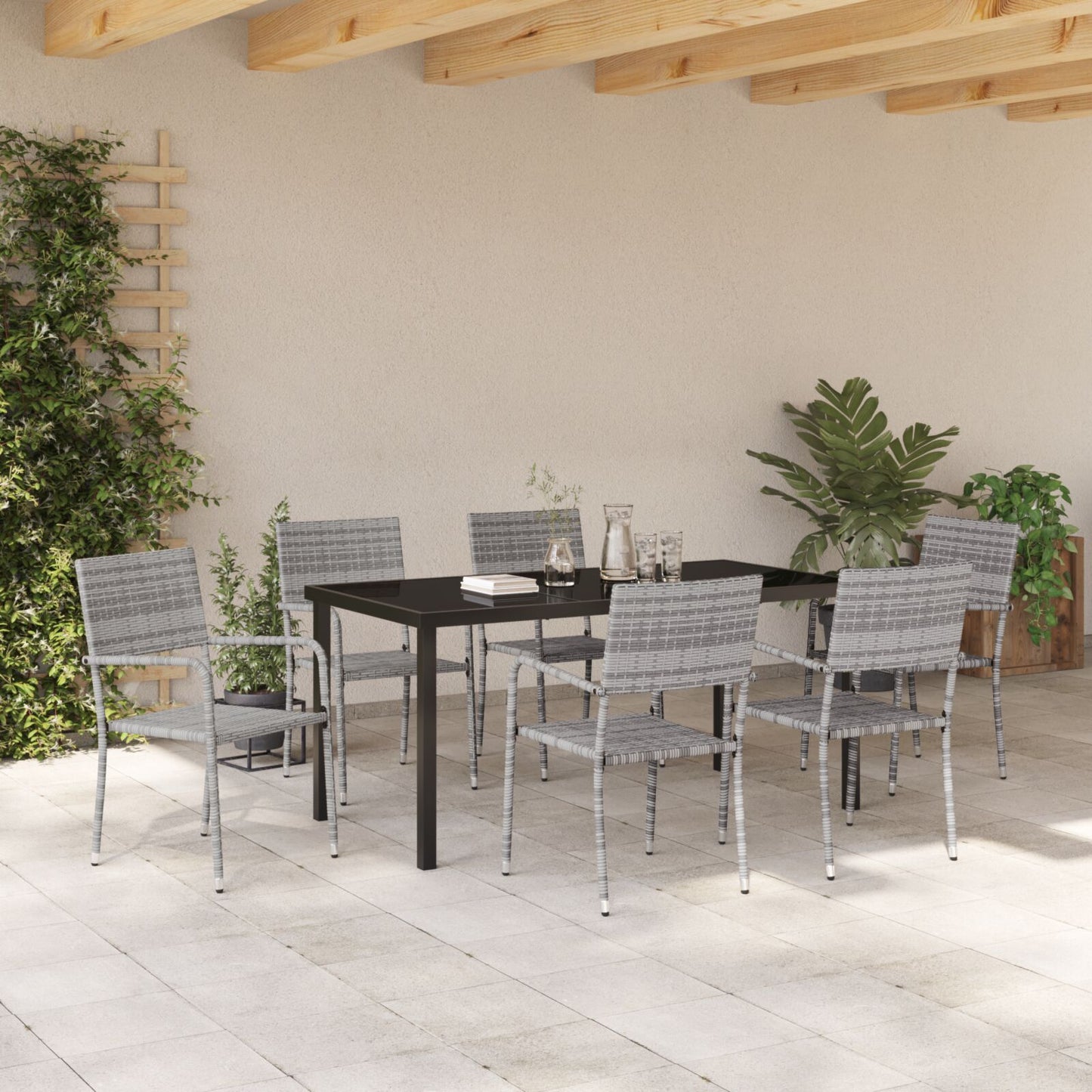 7-Delige Tuin Eetset Grijs Poly Rattan
