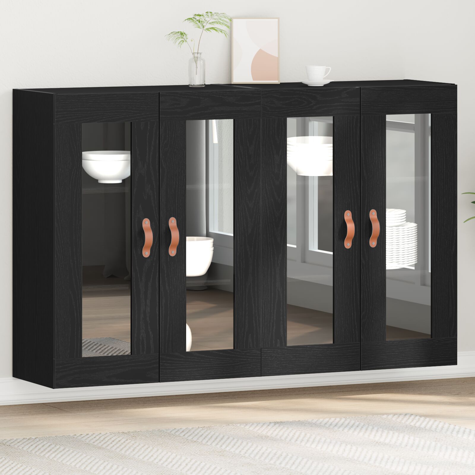 Wandkast Set Van 2 Zwart Eiken Massief Hout, Glas