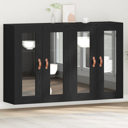 Wandkast Set Van 2 Zwart Eiken Massief Hout, Glas