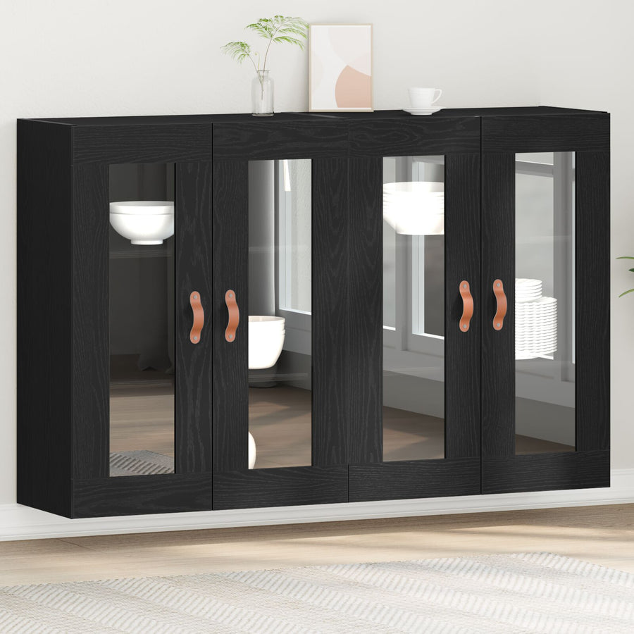 Wandkast Set Van 2 Zwart Eiken Massief Hout, Glas