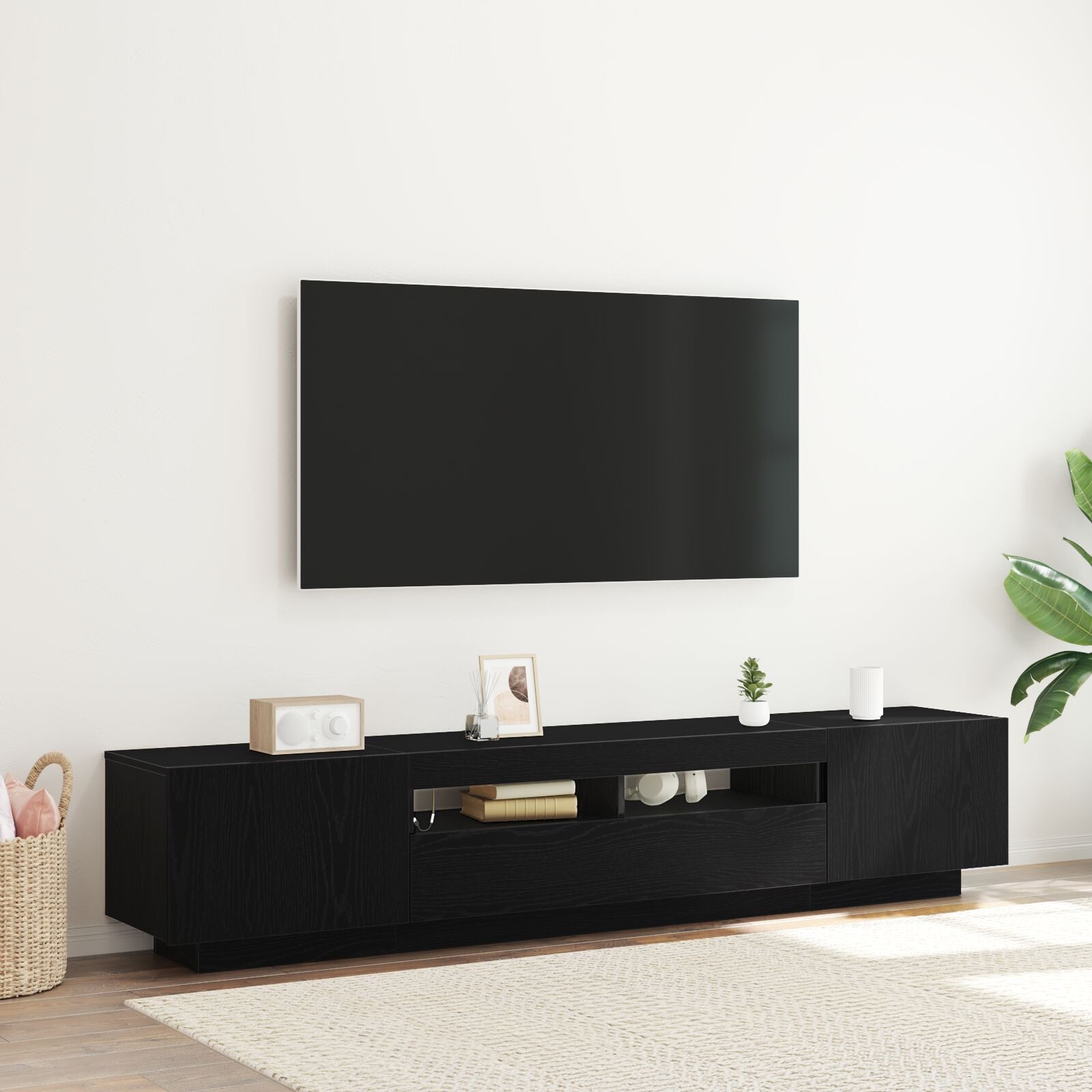 Tv-Kast Met Led-Verlichting - Zwart Eiken 200X35X40 Cm - Bewerkt Hout