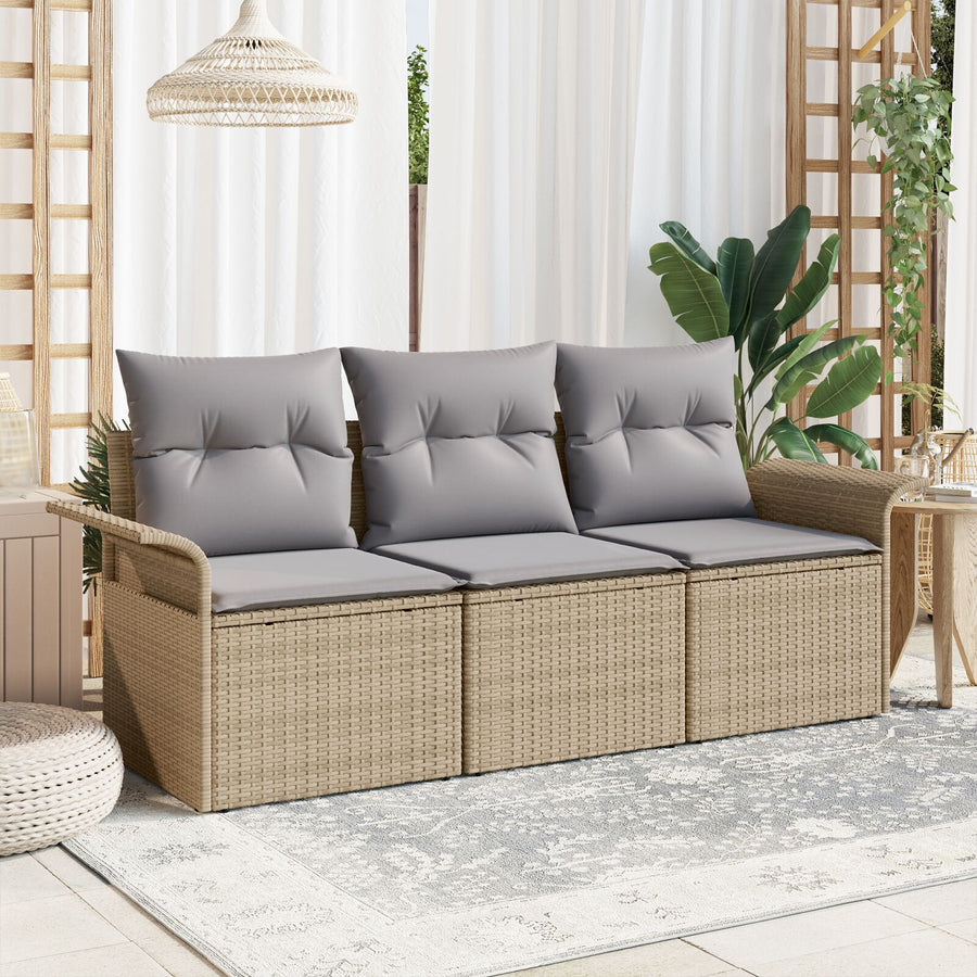 3-Delige Tuinbankset Met Kussens Beige Poly Rattan