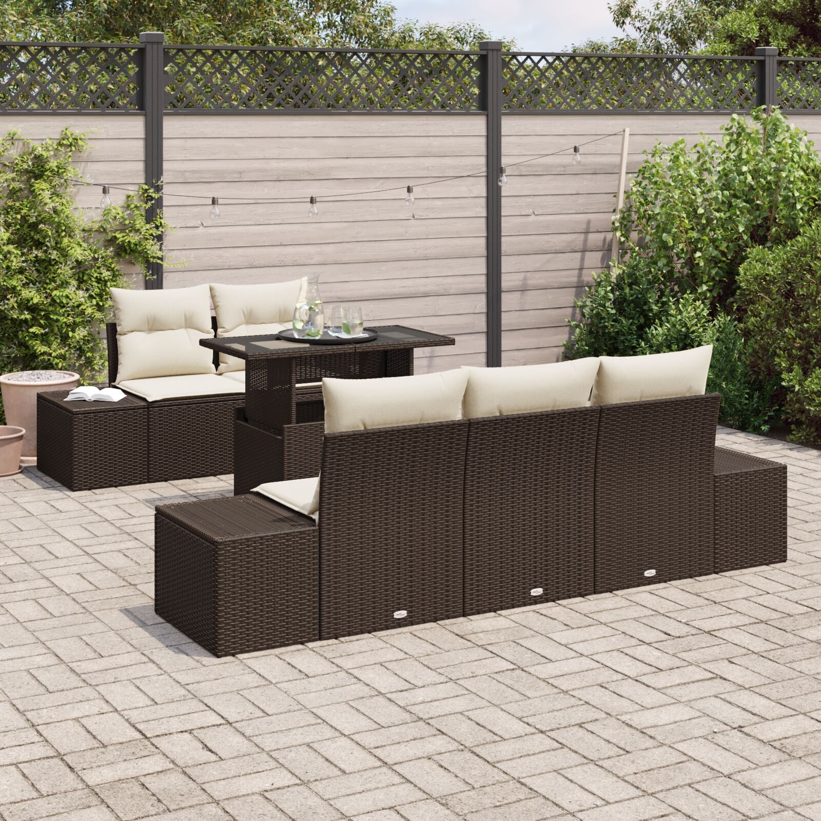 Tuin Bankstel Set Van 6 Bruin Rattan Buiten Tafel Rechthoekig