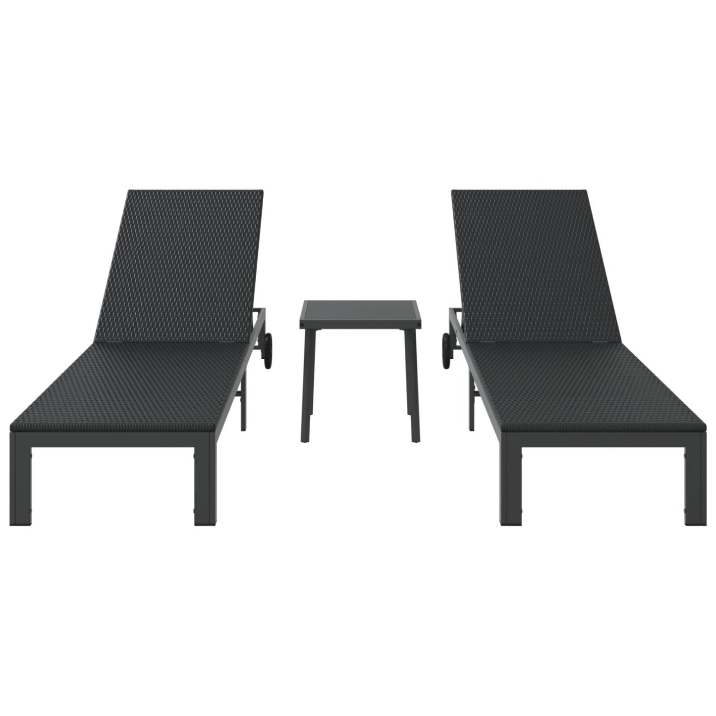 Zonnebedden 2 Stuks Met Wielen En Tafel Poly Rattan Zwart
