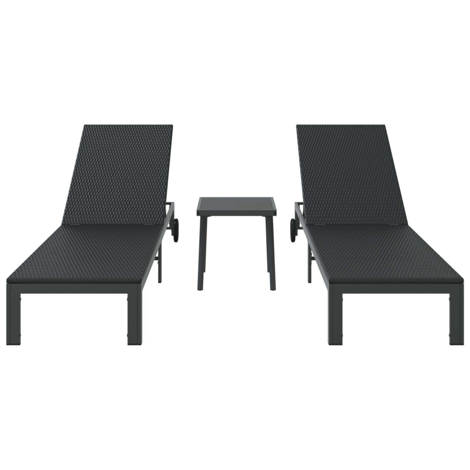 Zonnebedden 2 Stuks Met Wielen En Tafel Poly Rattan Zwart