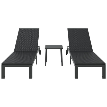 Zonnebedden 2 Stuks Met Wielen En Tafel Poly Rattan Zwart