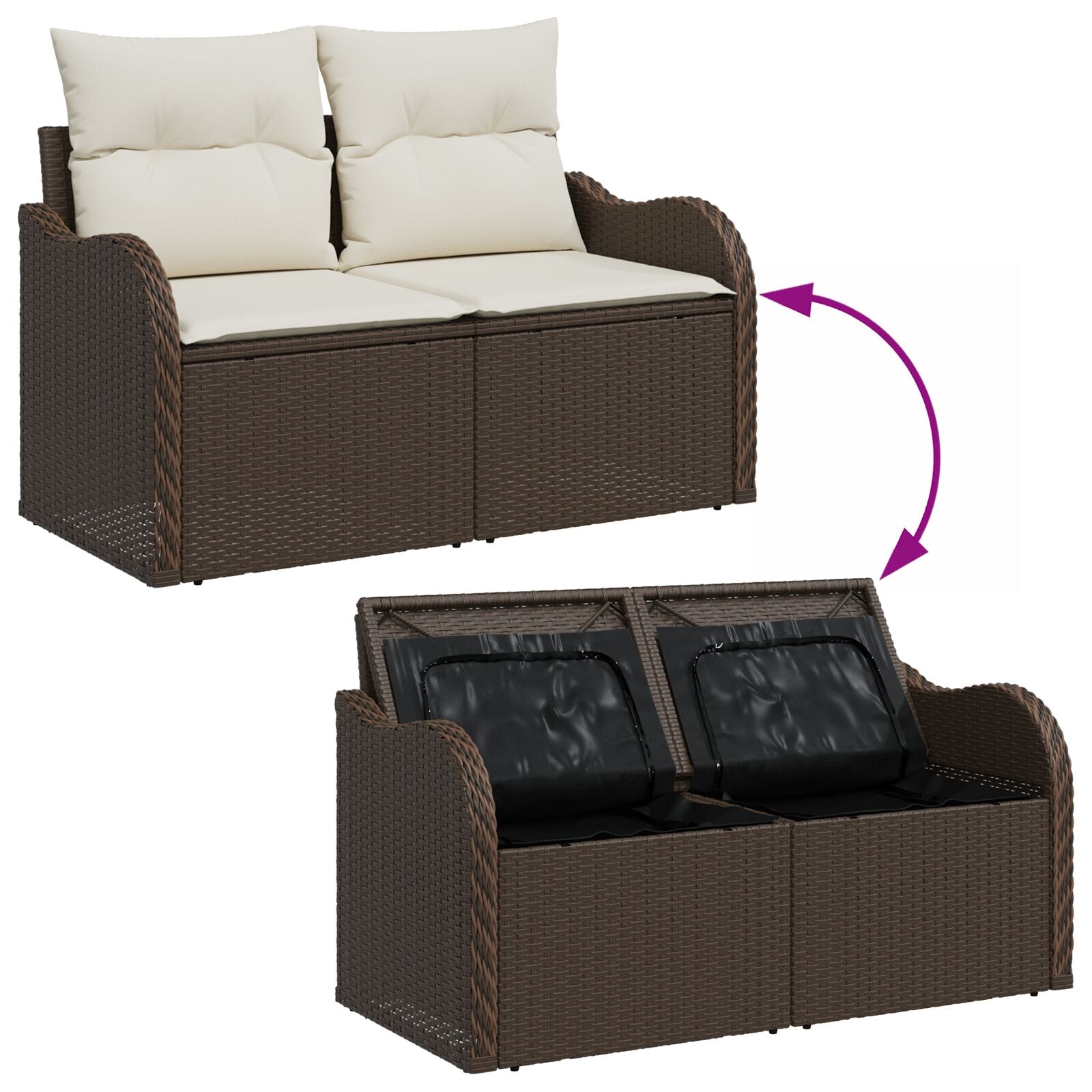 2-Zitter Tuinbank Met Opslag & Kussens Bruin Poly Rattan