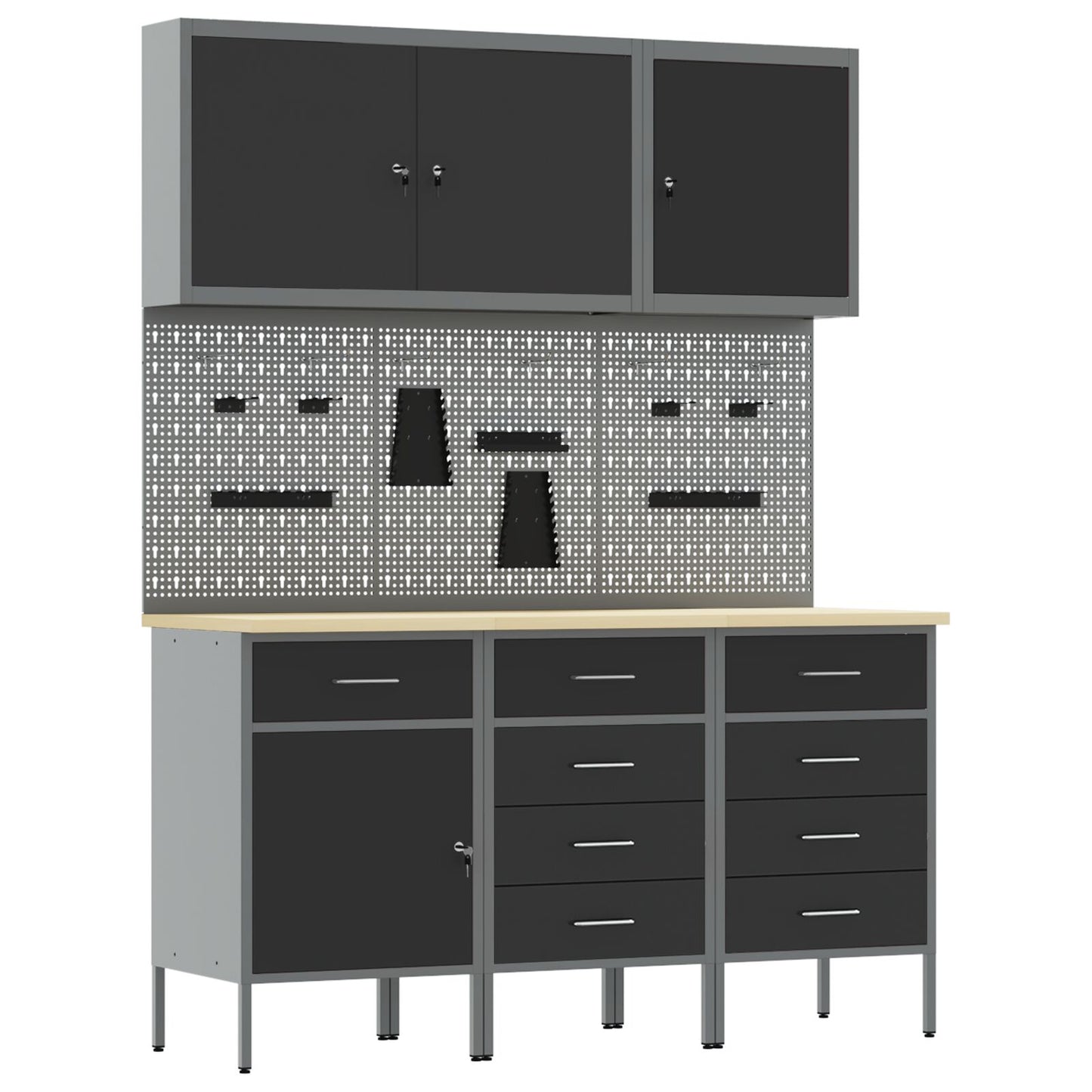 8-Delige Werkbank Set Staal 3x (84/85/85 cm) Zwart 3x kast + 3x gereedschapsbord + 2x gereedschapscabinet