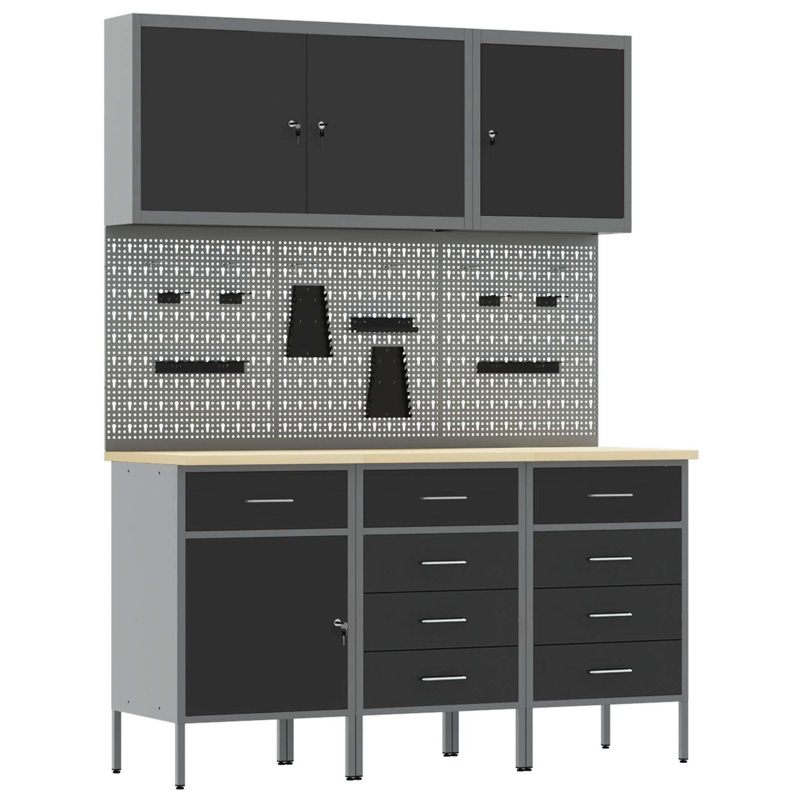 8-Delige Werkbank Set Staal 3x (84/85/85 cm) Zwart 3x kast + 3x gereedschapsbord + 2x gereedschapscabinet