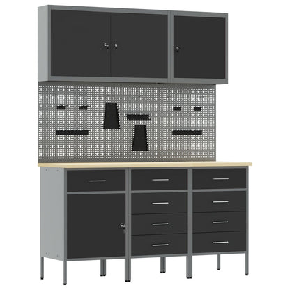 8-Delige Werkbank Set Staal 3x (84/85/85 cm) Zwart 3x kast + 3x gereedschapsbord + 2x gereedschapscabinet