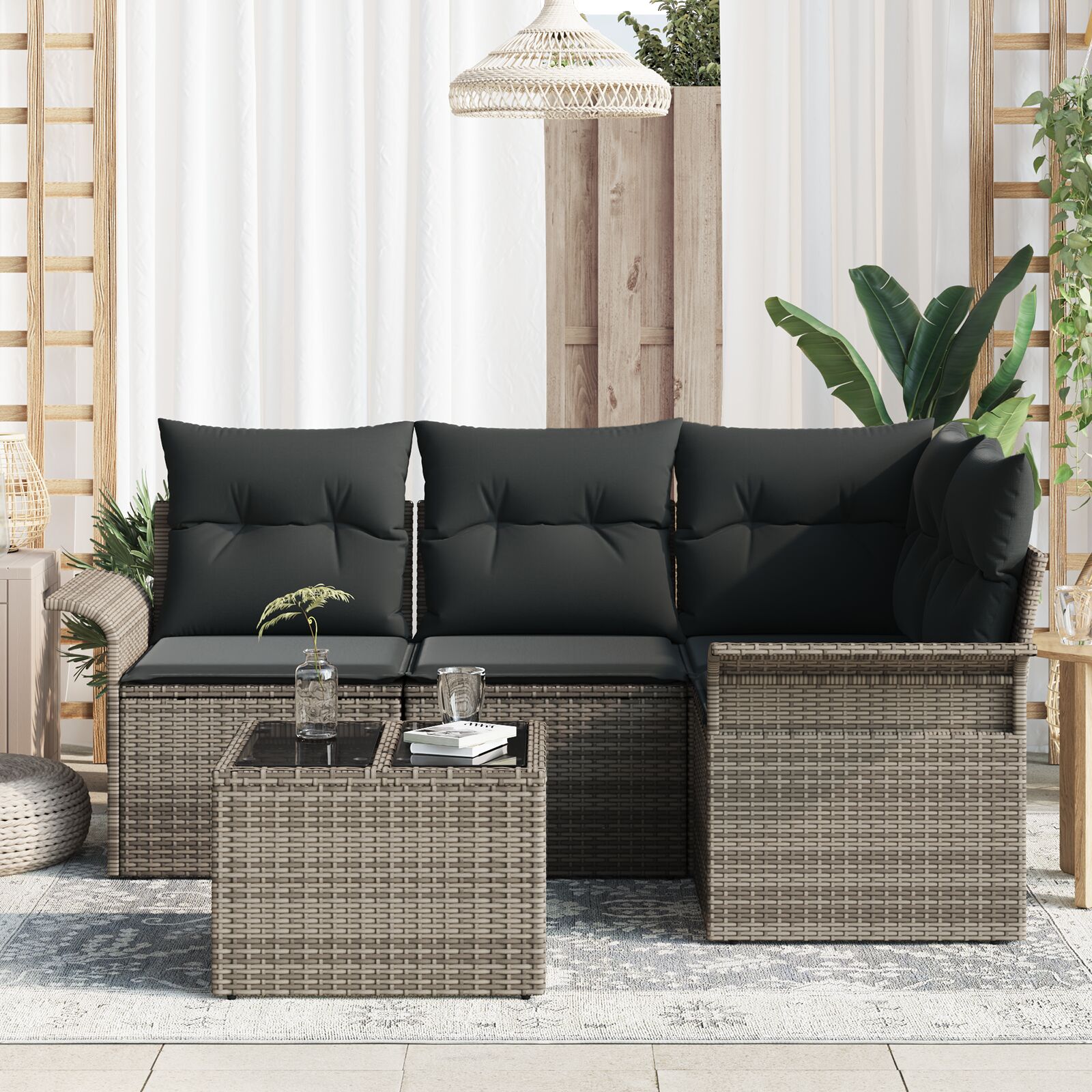 4 Delige Tuin Sofa Set Met Kussens Zwarte Poly Rattan