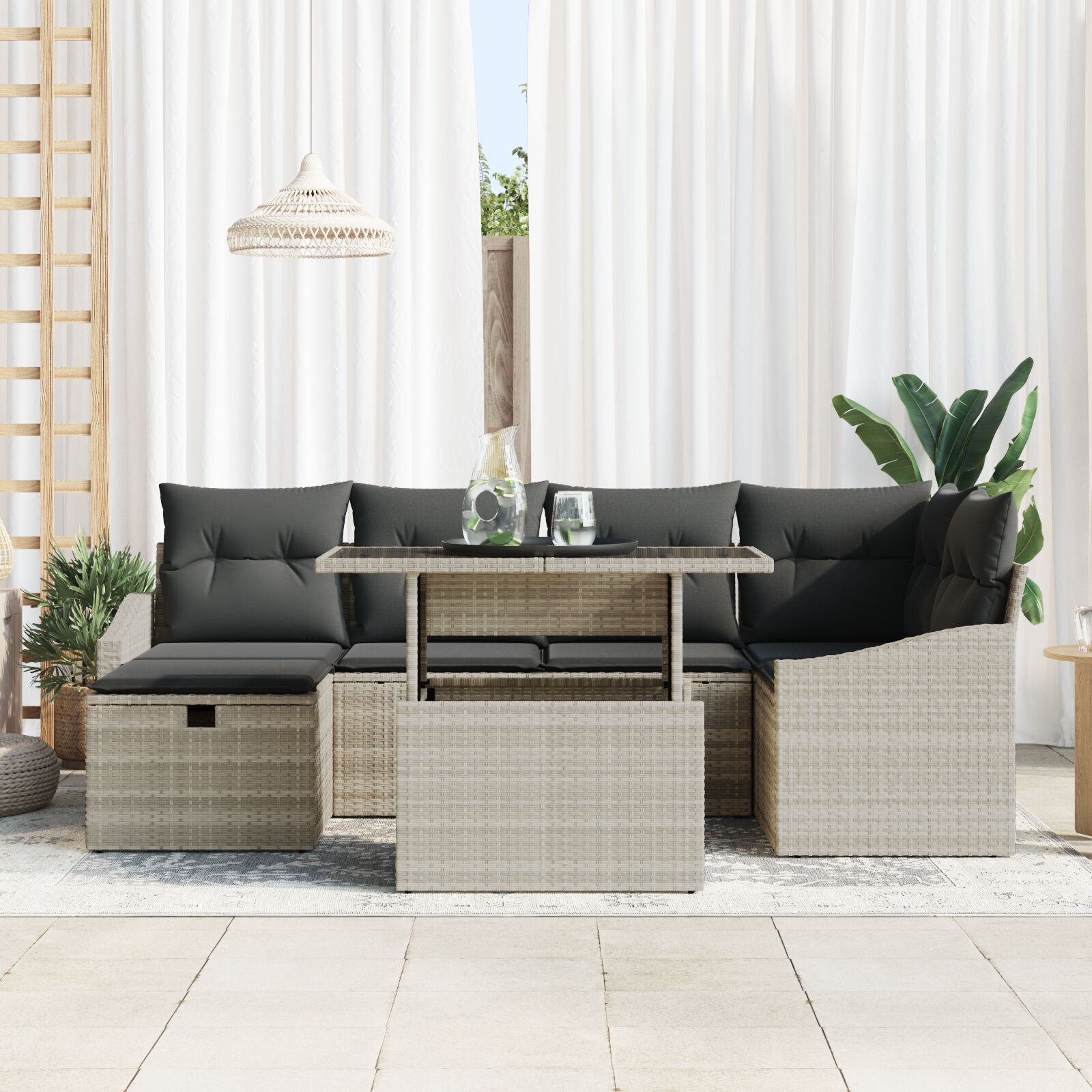 7-Delige Tuin Sofa Set Met Kussens Lichtgrijs Poly Rattan