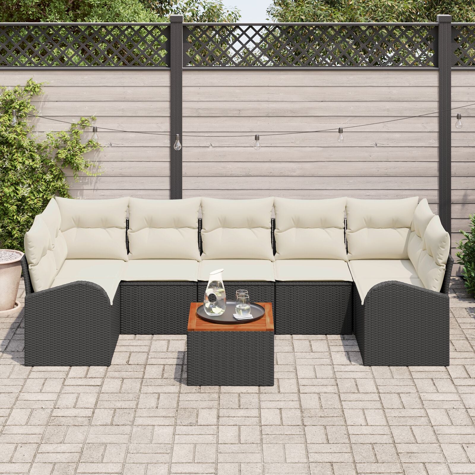 8-Delige Tuinbankset Met Kussens Zwart Poly Rattan Acacia