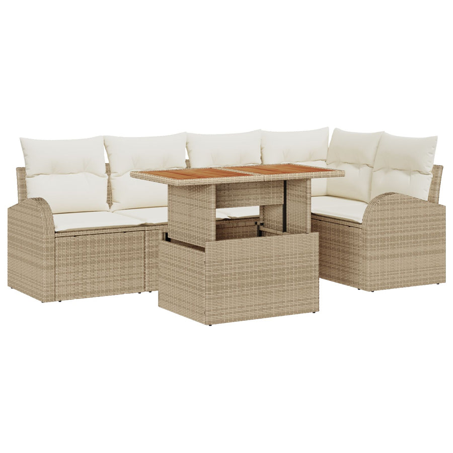 6-Delige Tuin Eetset Met Kussens Beige Poly Rattan Acacia