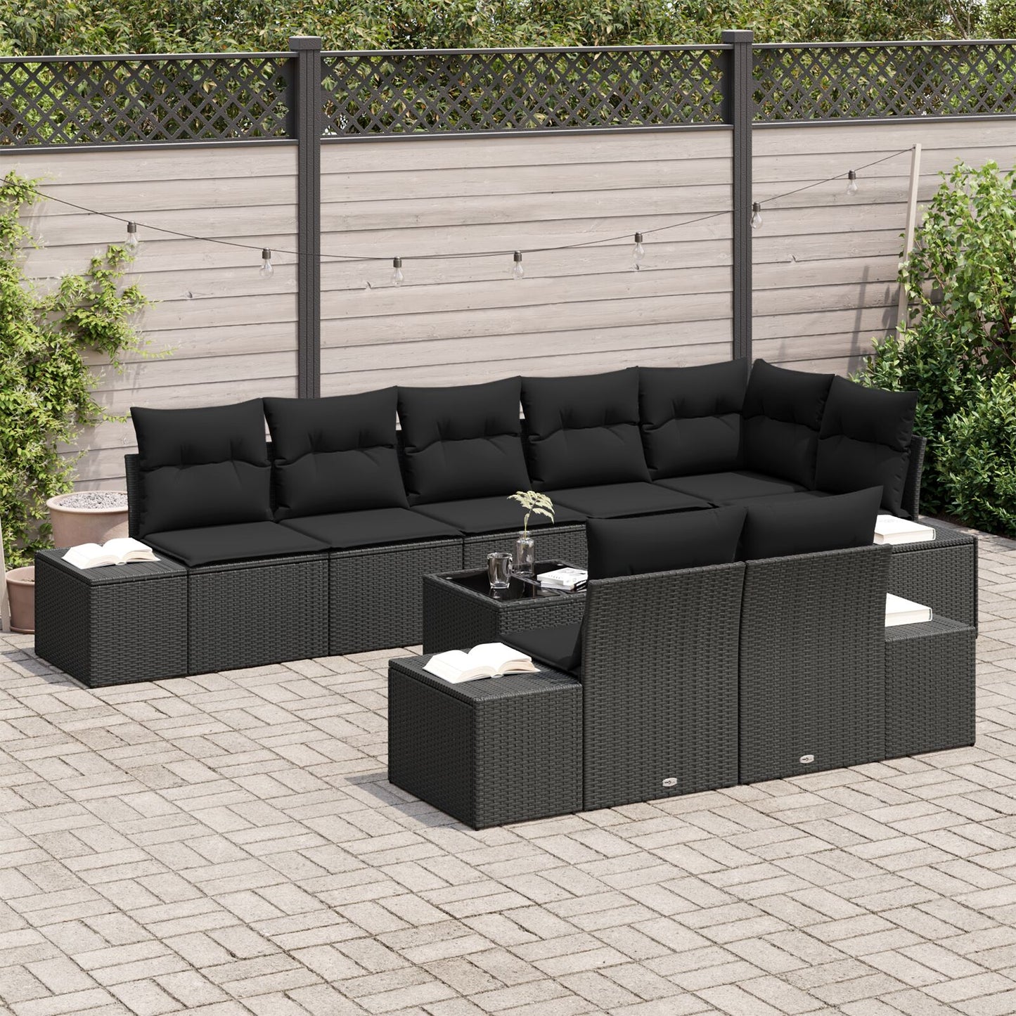 Tuin Sofa Set Set Van 9 Rattan Met Polyester Kussens Zwart met tafel