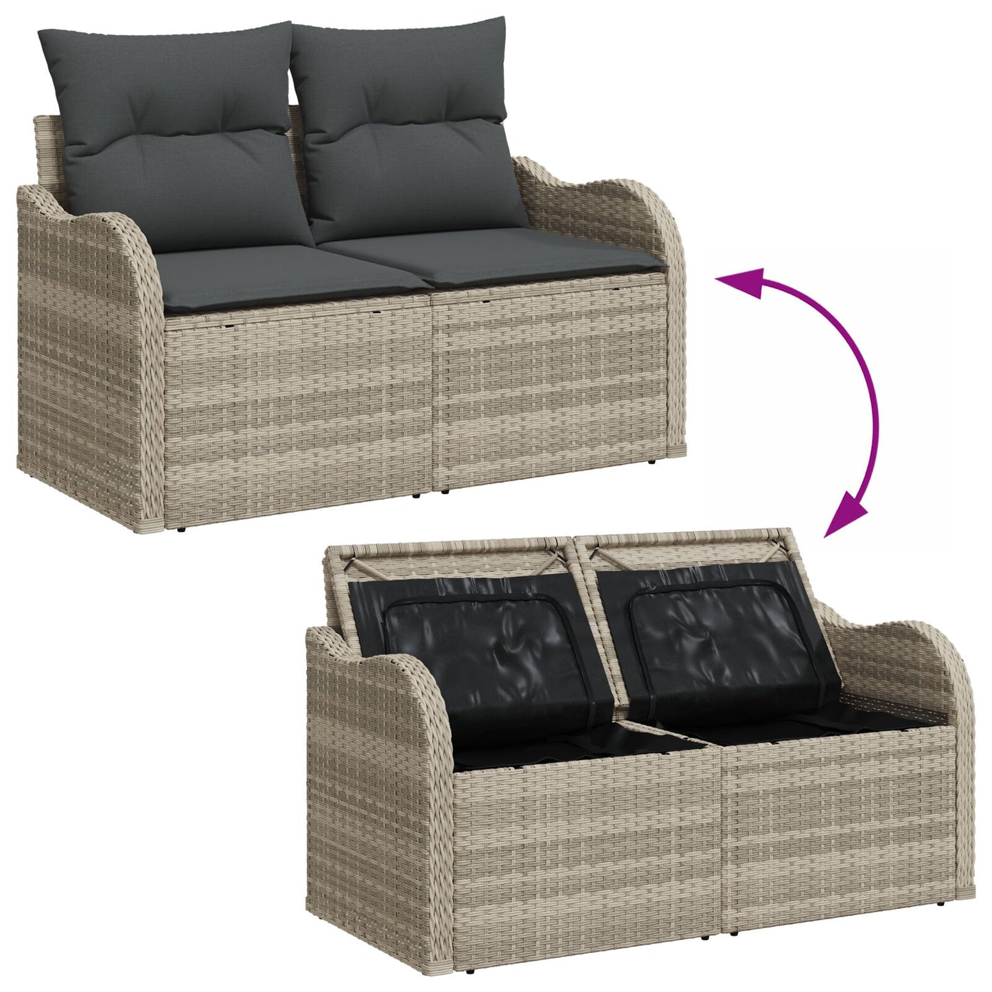 4-Delige Tuinbank Set Met Kussens In Lichtgrijs Poly Rattan, 2-Zits Tuinbank Met Opbergruimte & Kussens In Lichtgrijs Poly Rattan Wit