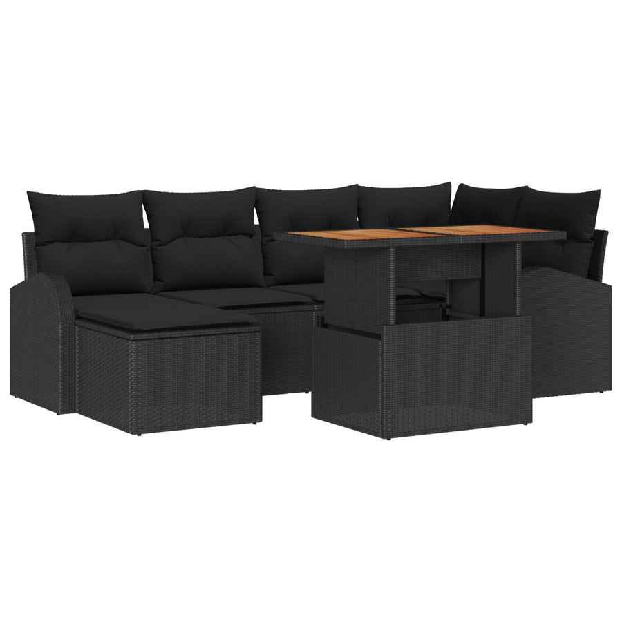 7-Delige Tuin Eetset Met Kussens Zwart Poly Rattan Acacia