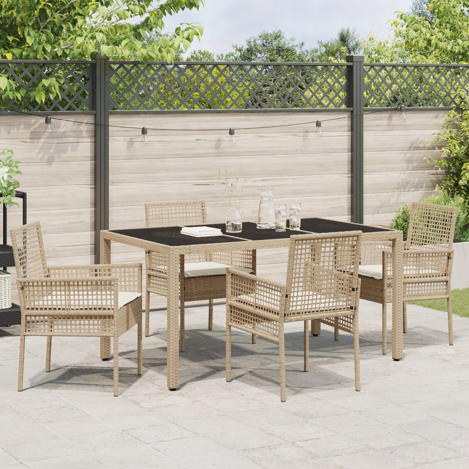 Set Van 3 Beige Pe Rattan, Gehard Glas, Gepoedercoat Staal