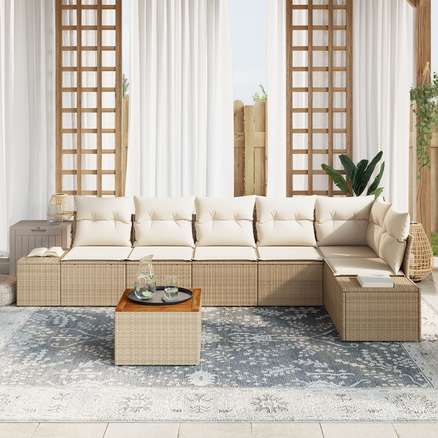 7 Delig Tuinbankstel Met Kussens Beige Poly Rattan Acacia