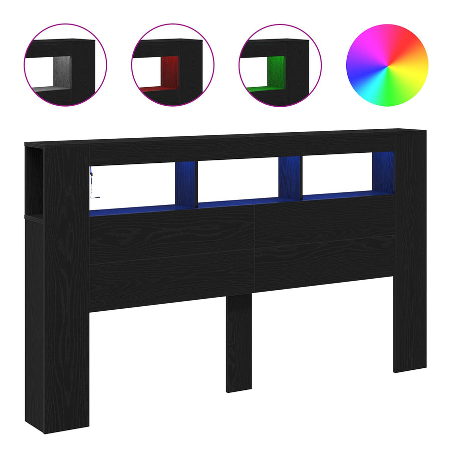 Opberghoofdbord Met Led-Verlichting Zwart Eiken 180X18,5X103,5 Cm